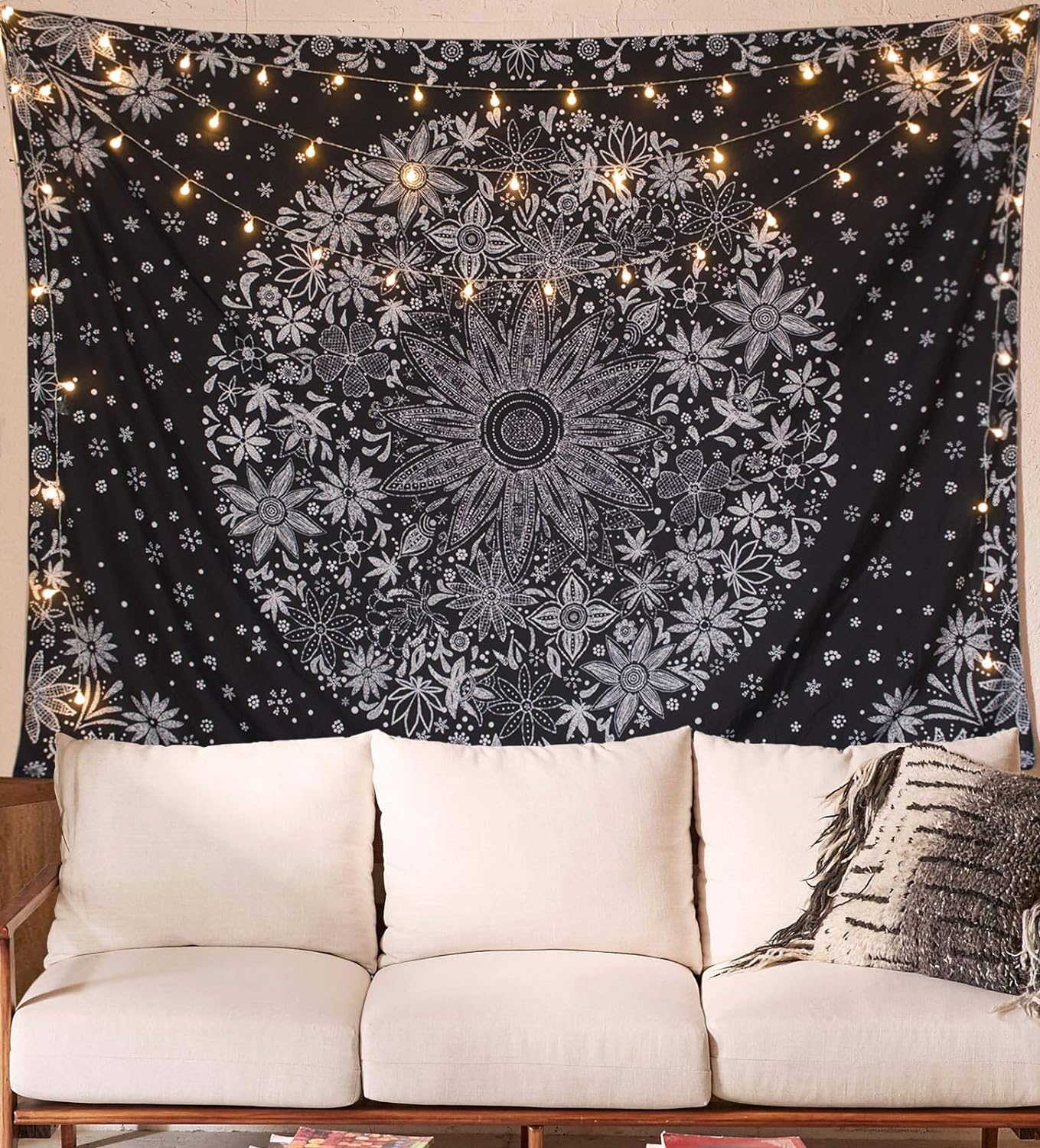 Tapestries - Neasow Bohemian Tapestry Wall Hanging,Black and White Floral Tapestry with Dotted Daisy Medallion Print Bedroom Boho Hippie Home Decor, 50×60 inches