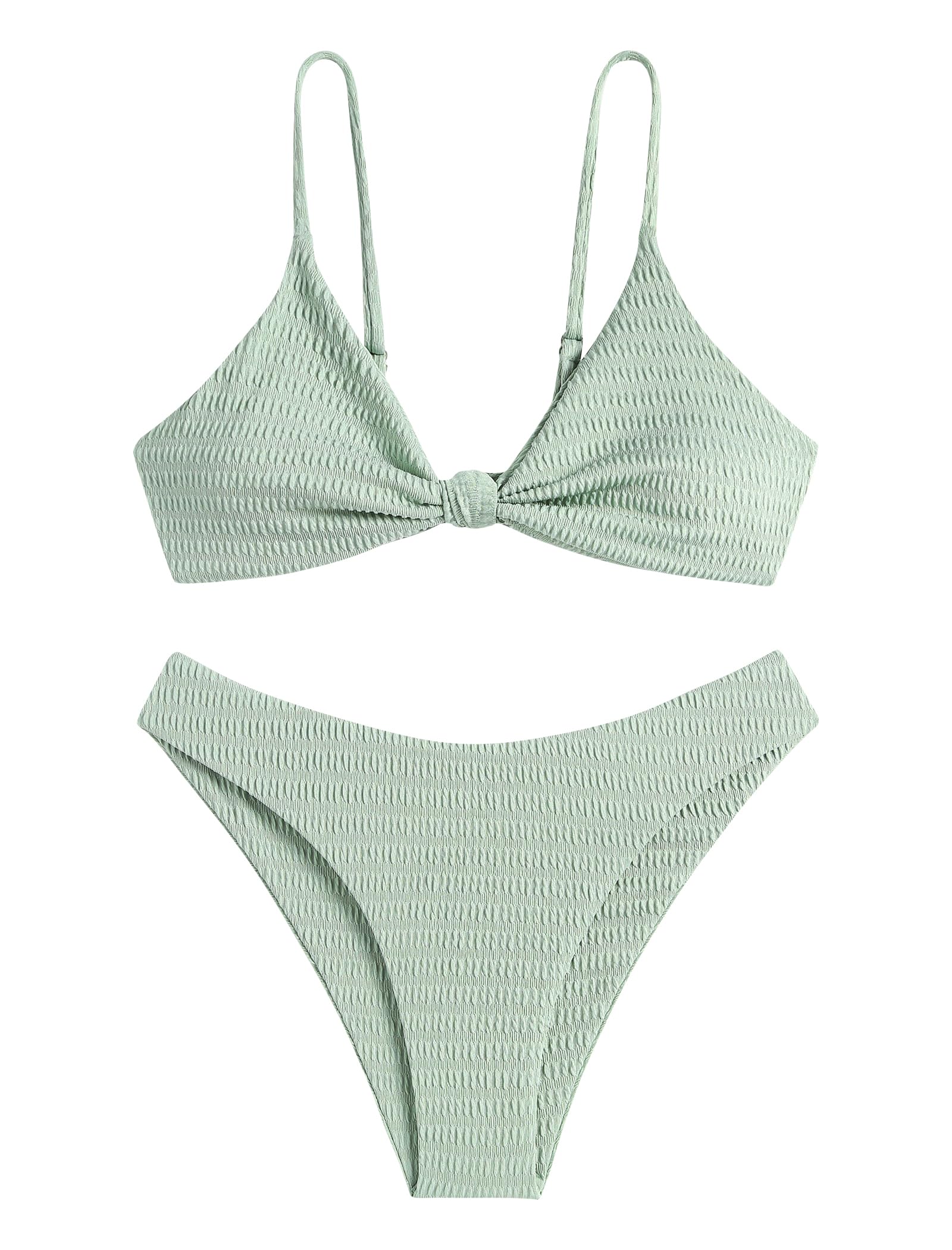 Photo 1 of (SMALL) (BAGGED) ZAFUL Women's Solid High Cut Cheeky Textured Twisted Knot Bikini Set Two Piece Swimsuit (3-Light Green#14, S)