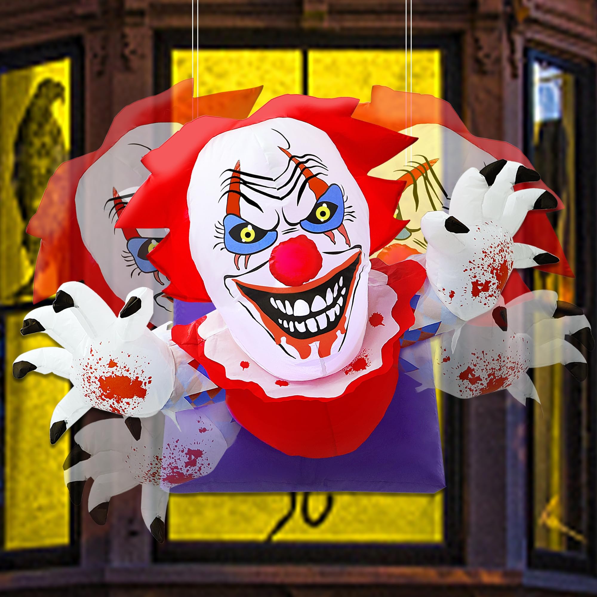 Photo 1 of Lulu Home 4.1FT L Halloween Inflatable Clown Decoration, Light Up Air-Blown Scary Clown Broke Out from Windows with Rotating Head for Walls Front Doors Haunted House Holiday Hanging Display