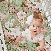 Brandream Luxury Softer Thicker Crib Sheets Set, 100% Organic Cotton Lilium Rose Floral Printed Toddler Sheets for Baby Girls, Breathable Comfy Durable, 28"x52" - Sage Green Ivory Blush Pink Yellow