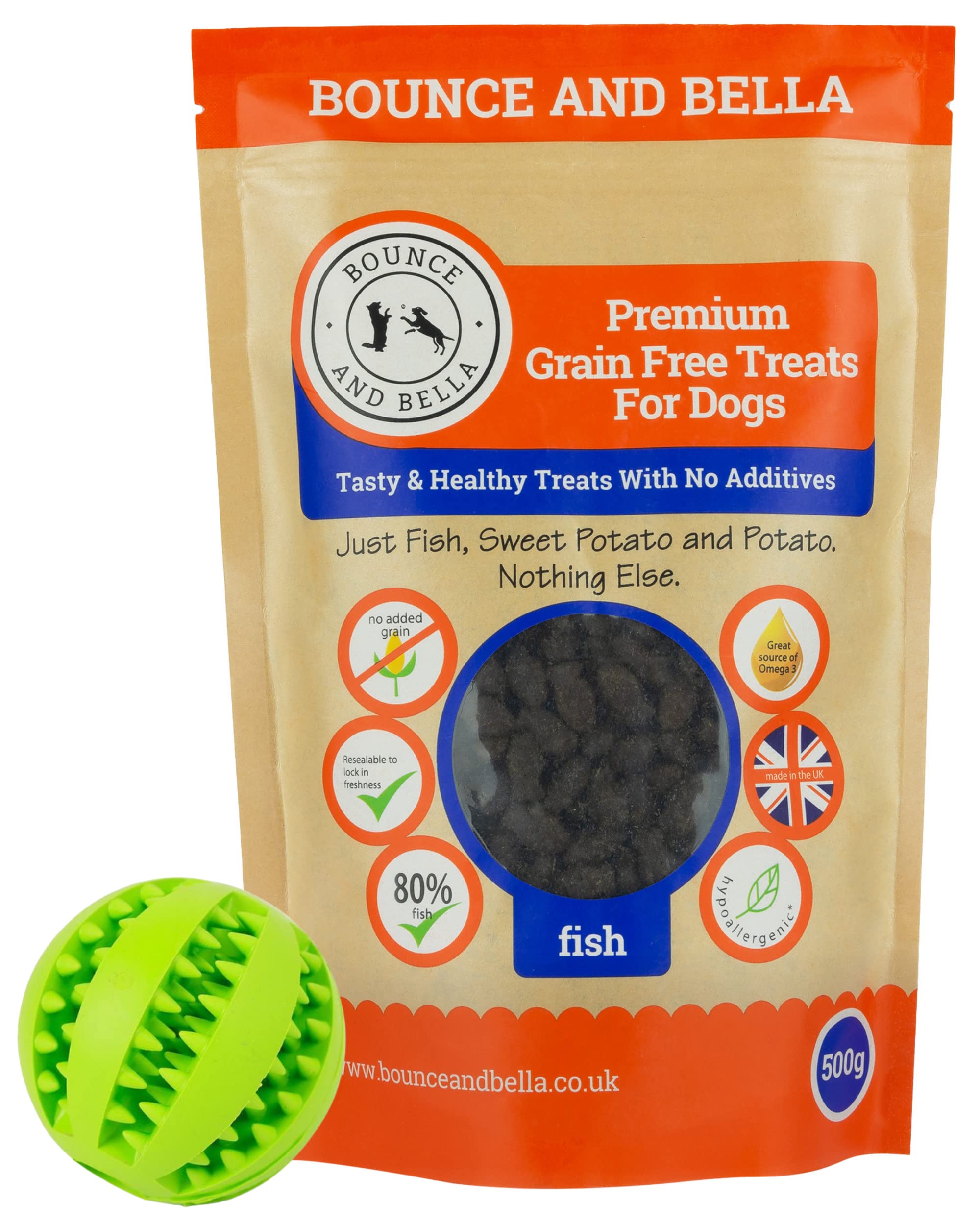 Bounce and Bella Treat Ball with Grain Free Fish Dog Training Treats - 1000 Tasty Treats - Dispenser in Green or Red (Chosen at Random)