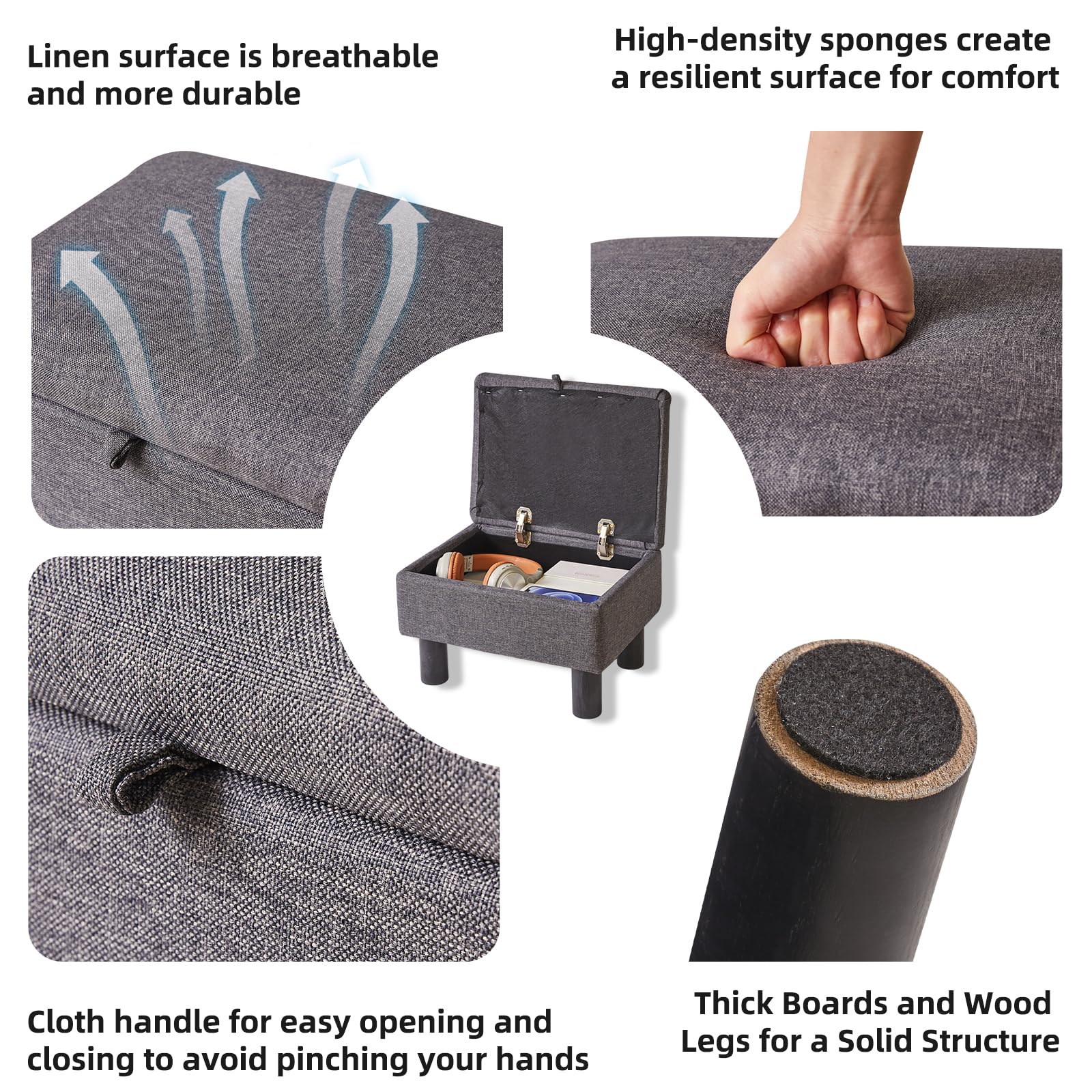 Aibiju Kleiner Pouffe-Fußhocker mit Stauraum, Leinenstoff-Pouf mit Holzbeinen, Schuhwechselhocker für Wohnzimmer und Schlafzimmer, Dunkelgrau, YD-JD1363 7