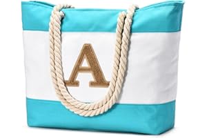 Becokan Initial Beach Bag Waterproof Canvas Beach Tote Bag Zipper Personalized Gifts for Women Her Birthday Travel Essentials