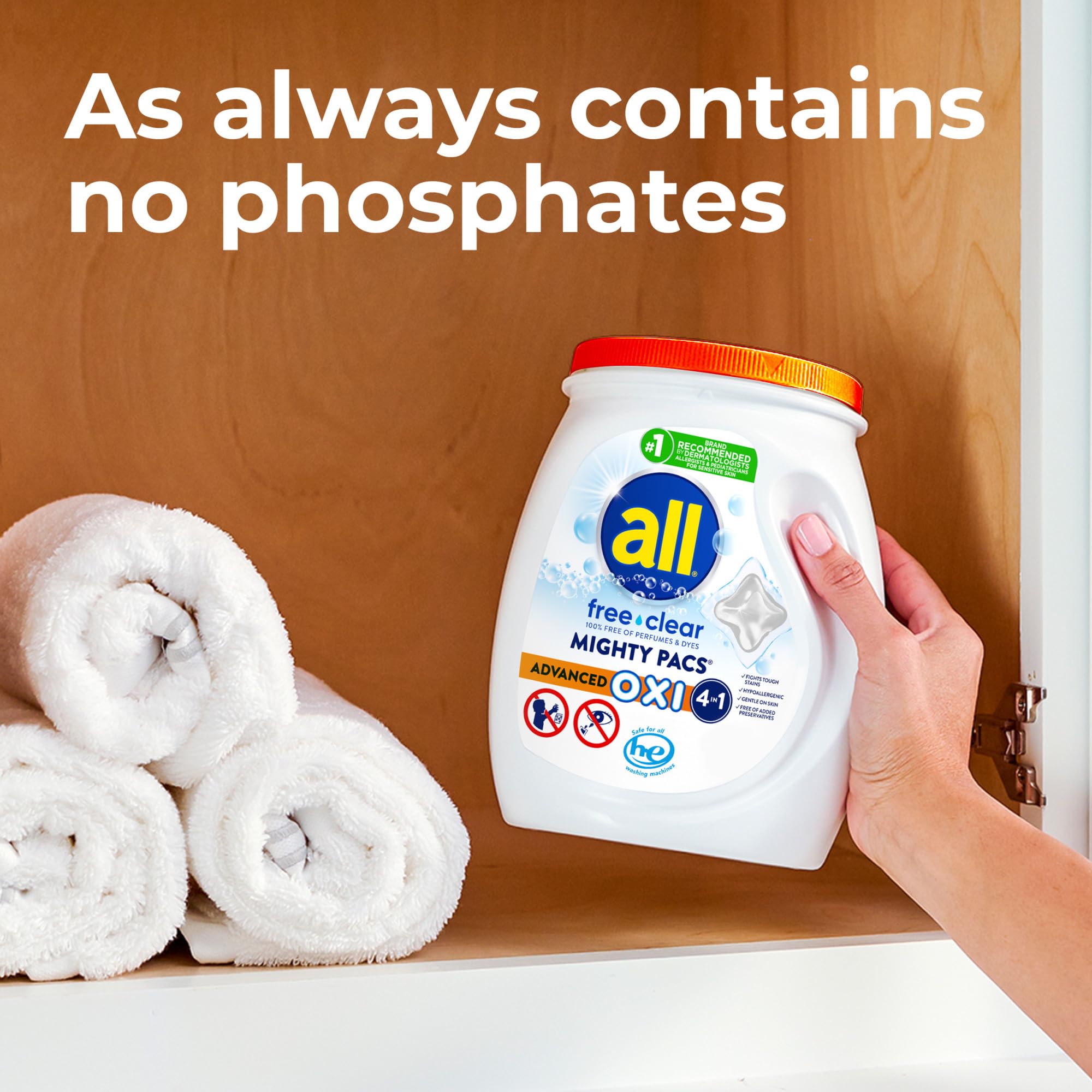 all Laundry Detergent Pacs, Mighty Pacs with OXI Stain Removers and Whiteners, Free Clear, Unscented and Dye Free, 56 Count