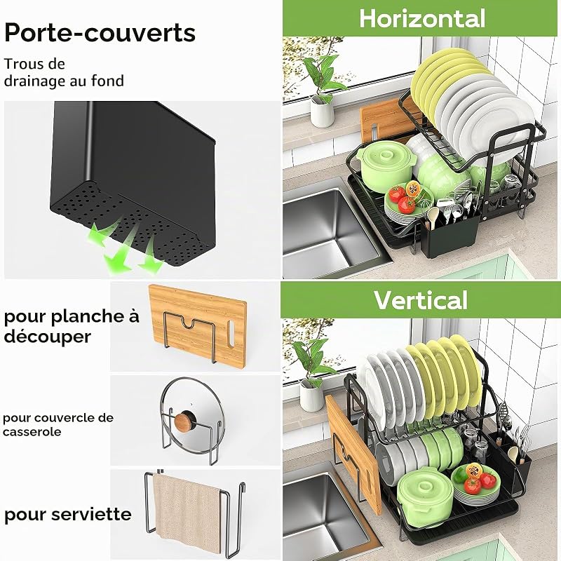 2 Niveaux Égouttoir Vaisselle, Egoutoire Vaisselle Cuisine Noir