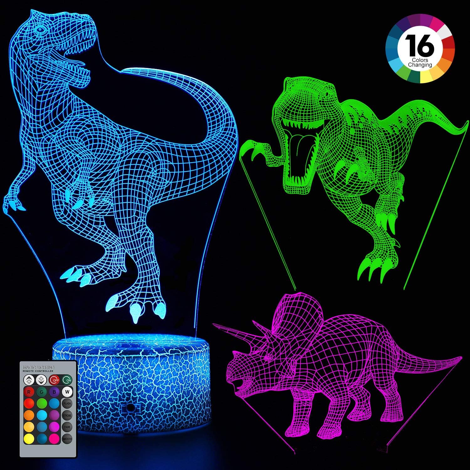Balhvit 3D Dinosaur Night Light for Kids, Best Christmas Holiday Gift for Boys and Girls, 16 Colors & 3 Pattern Change Dinosaur Light, 3D LED Illusion Lamp with Remote Control for Children' s Bedroom
