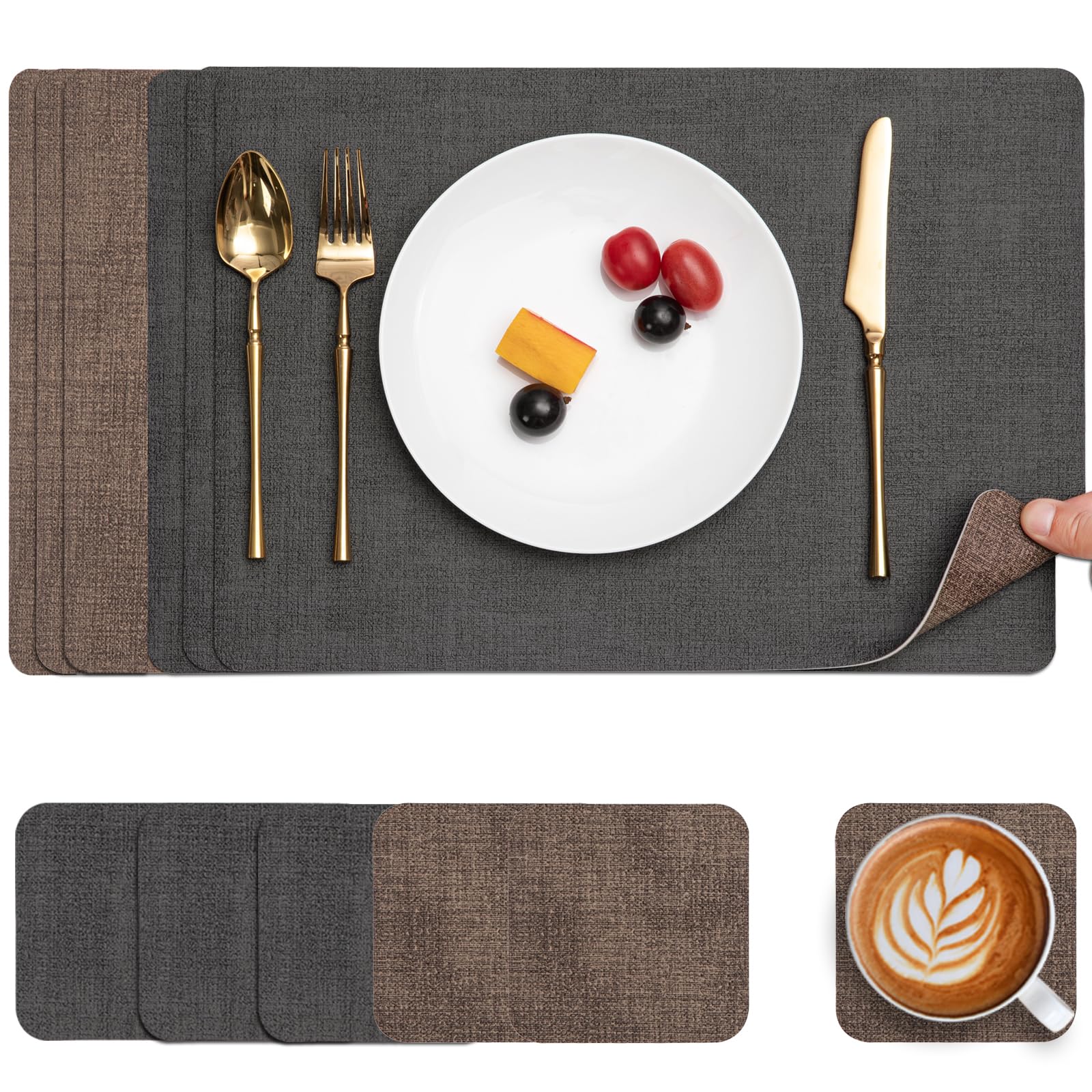 Myir JUN Placemats and Coasters Set of 6, Place Mats Dual Sided Faux Leather Table Mats PU Indoor Outdoor Heat Resistant Placemat Square Non Slip Wipeable Washable Dining Restaurant