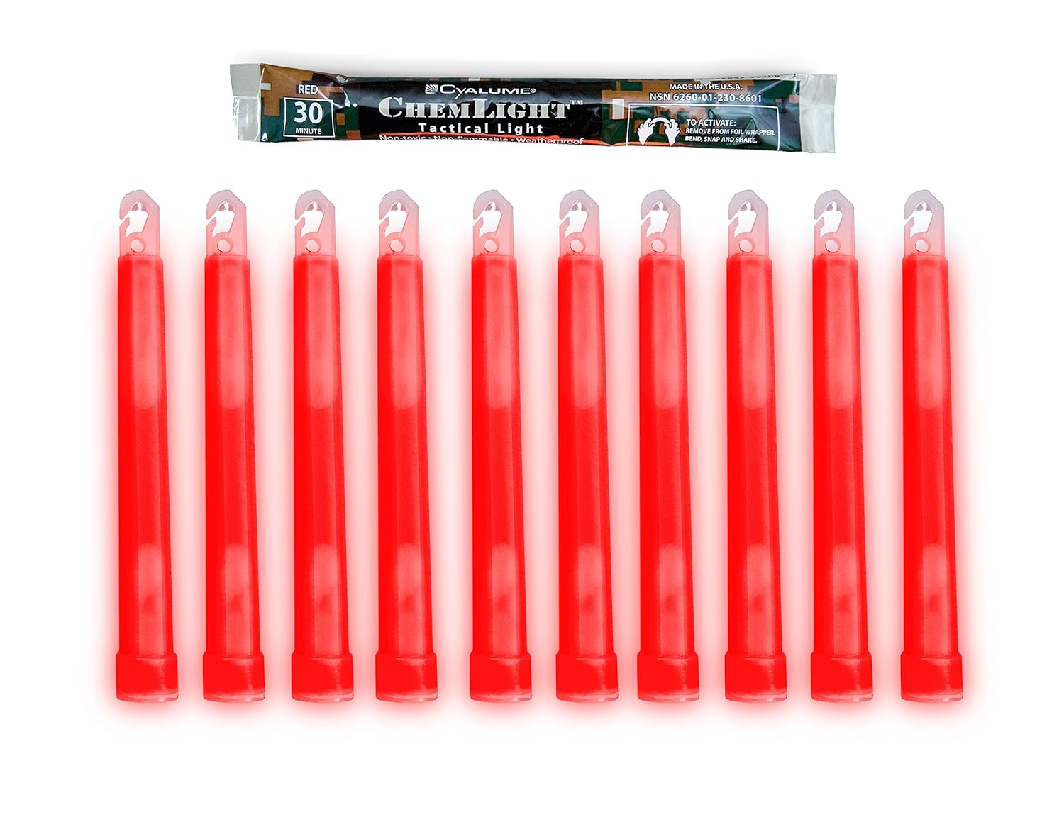 Cyalume ChemLight Military Grade Chemical Light Sticks – 30 Minute Duration Light Sticks Provide Intense Light, Ideal as Emergency or Safety Lights and Much More, Standard Issue for U.S. Military Personnel – Red, 6” Long (Pack of 10)