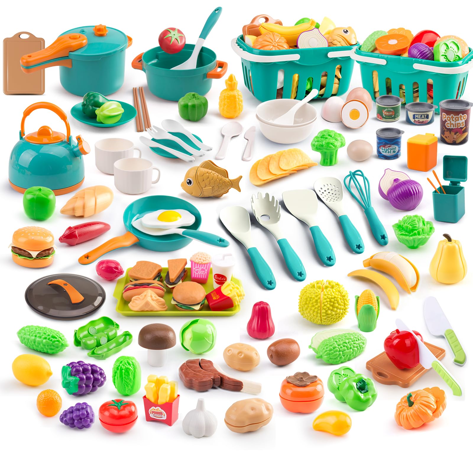 Photo 1 of 200Pcs Mini Play Kitchen Accessories for Kids, Pretend Cooking Playset with Cookware, Tableware & 2 Fruit Sets, Learning Gift for Girls, Boys, Toddlers, Green