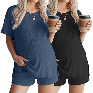 Riyiper 4 Pcs 100% Cotton Maternity Pajamas Sets | Pregnancy Lounge Set, Muslin Cotton PJS, Side Slit Short Sleeve Shirts and