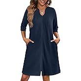 Ekouaer Zipper Robes for Women 3/4 Sleeve Waffle Knit Bathrobe Lightweight Short Housecoat with Pockets Soft Loungewear