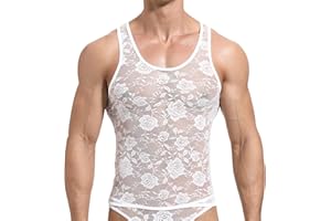 GENEMEN Mens Floral Lace Tank Top Sexy See Through Pajamas Vests Sleeveless Round Neck T-Shirt