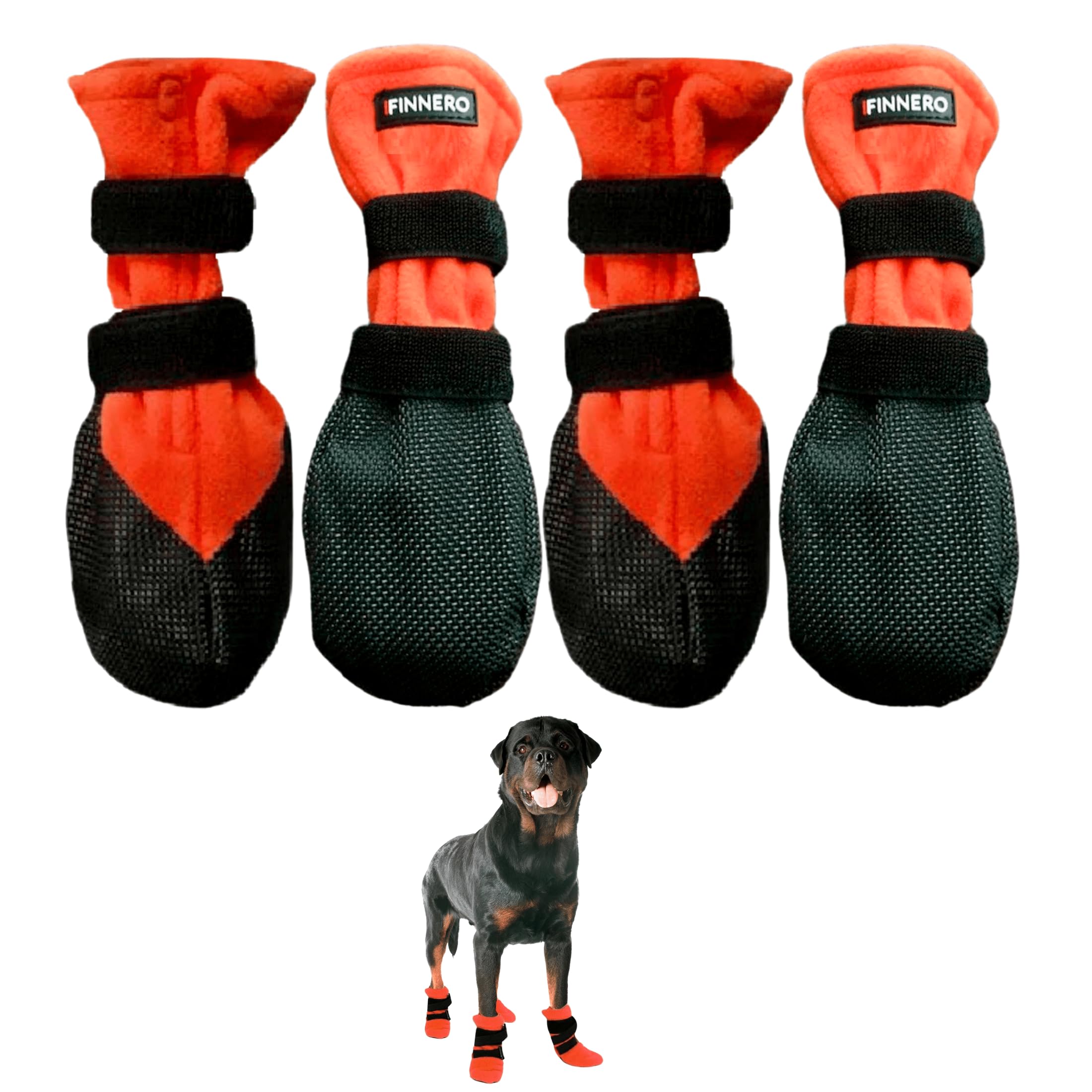 FINNERO HALLA Soft Dog Booties 4 pcs/pack Dog Shoes, Fleece Boots, Water Repellent Paw Protectors, Non-Slip Winter Booties, Velcro Straps (Orange, XL)