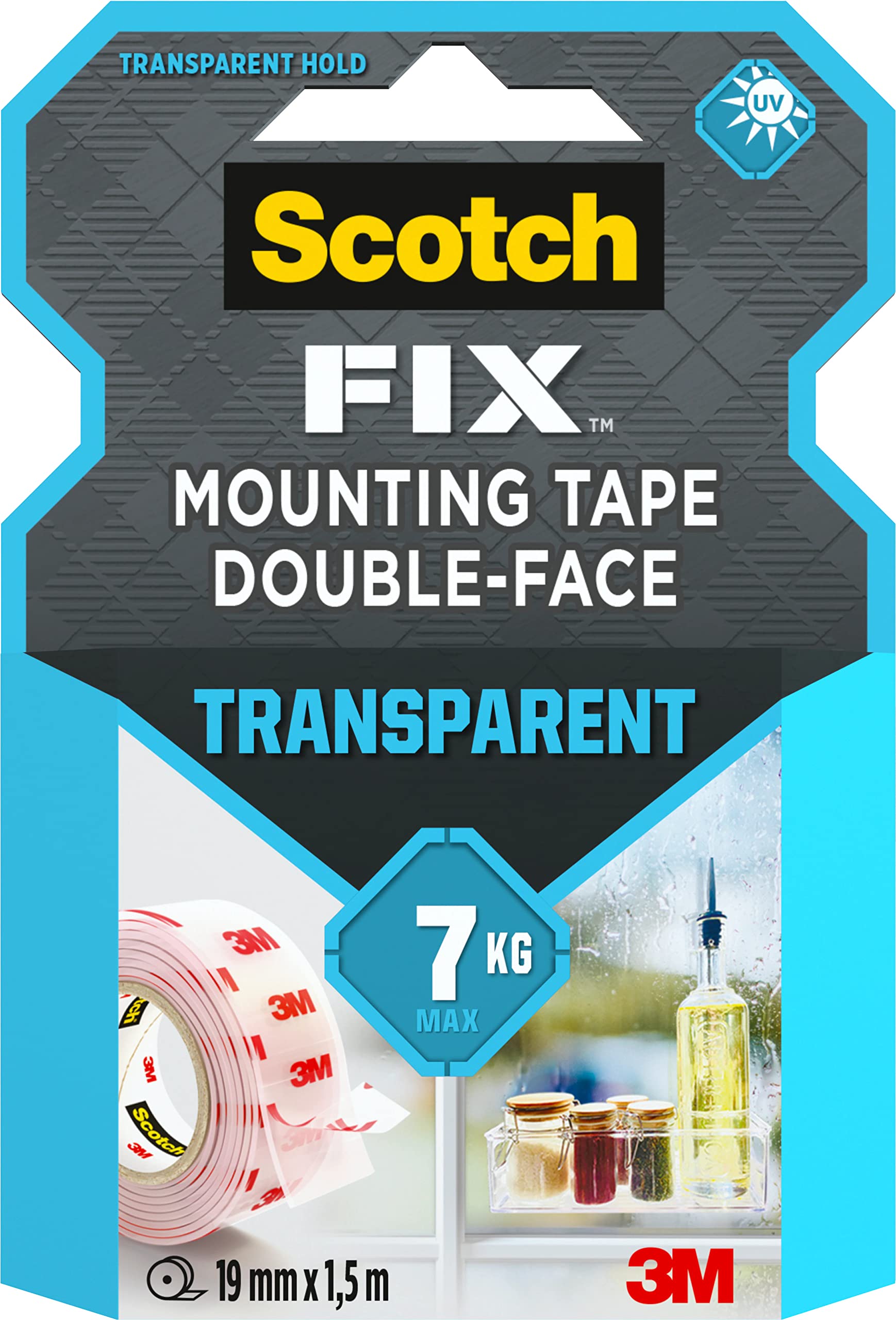 Scotch Double Sided Tape, Transparent Mounting Tape, 19mm x 1.5m, For Indoor Use - No tools needed - Holds up to 7 kg