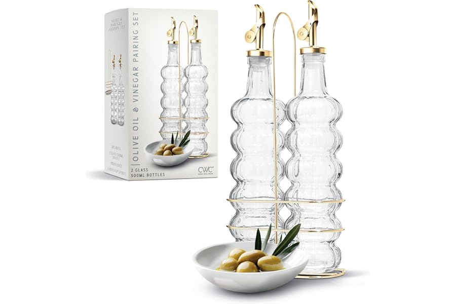 COOK WITH COLOR Glass Olive Oil Bottle Dispenser - 2 Pack- 17oz Oil and Vinegar Cruet - Olive Oil Carafe Decanter for Kitchen, Elegant Waves, Clear