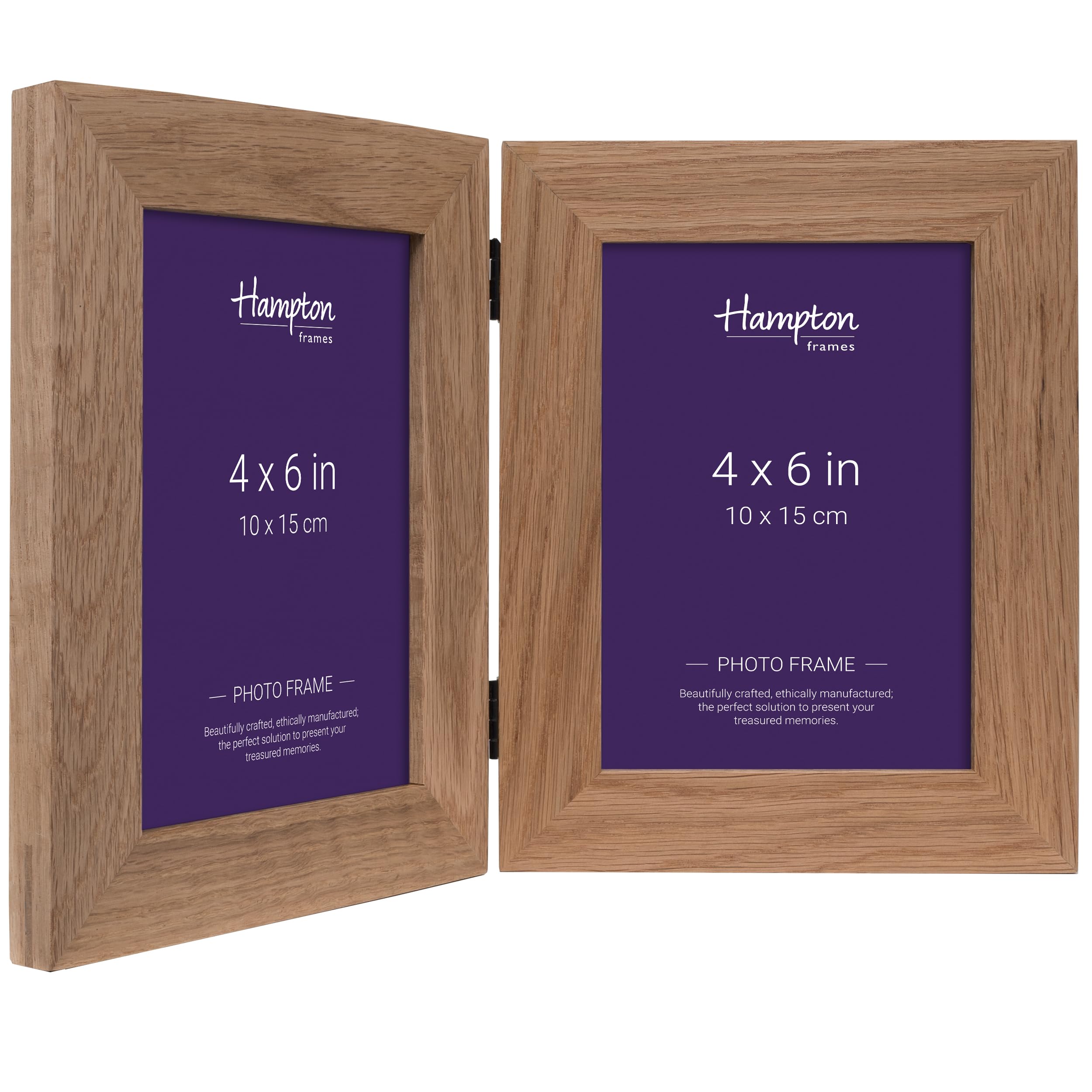 Hampton Frames | New England Solid Oak Wood Photo Frame, Hinged Double 4x6 (10x15cm), Natural | Freestanding, Seamless Bridle Joint, Glass Aperture | Sustainable Display for Photos