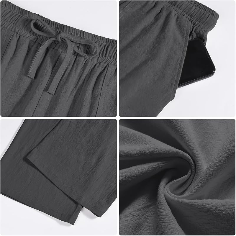Calças de linho masculinas de algodão de verão com bolsos com cordão