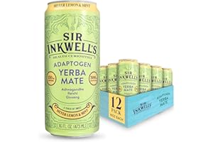SIR INKWELL'S Adaptogen Yerba Mate Tea | Healthful Energy + Productivity 150 mg Organic Caffeine | 300mg Ashwagandha Reishi Ginseng | Non-GMO Certified | Meyer Lemon & Mint 16oz 12pk