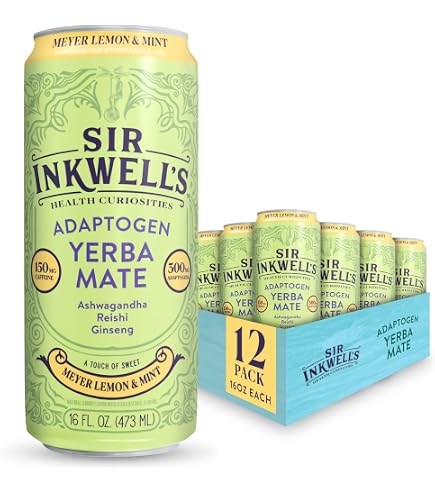 SIR INKWELL'S Adaptogen Yerba Mate | Healthful Energy + Productivity 150 mg Organic Caffeine | 300mg Ashwagandha Reishi Ginseng | Non-GMO Certified