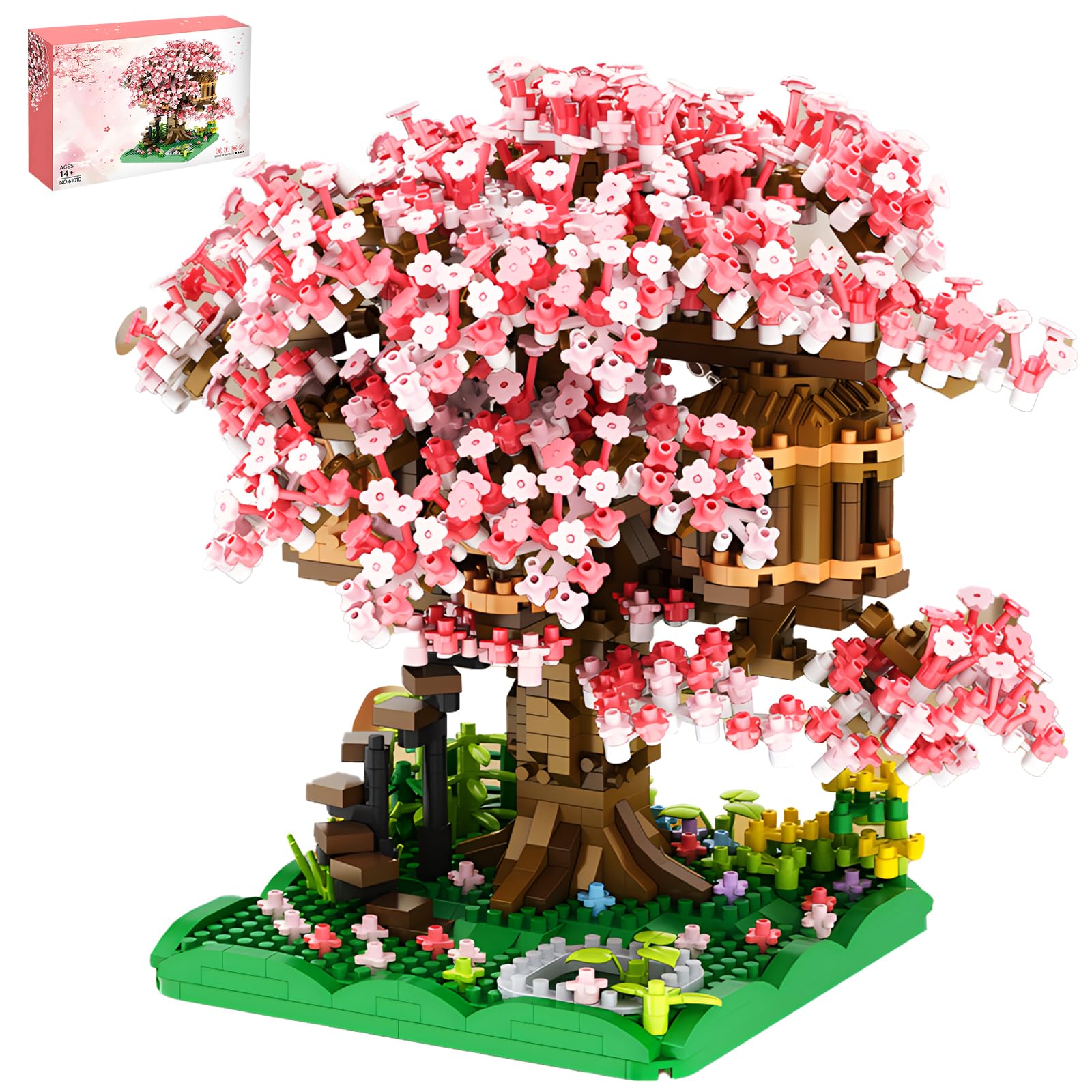 Boyorc Cherry Blossom Tree House Building Blocks Set, 1000+ PCS Artificial Bonsai Tree Kit, Nano Plant Flowers Building Blocks Sets Gift for Adults — image 1