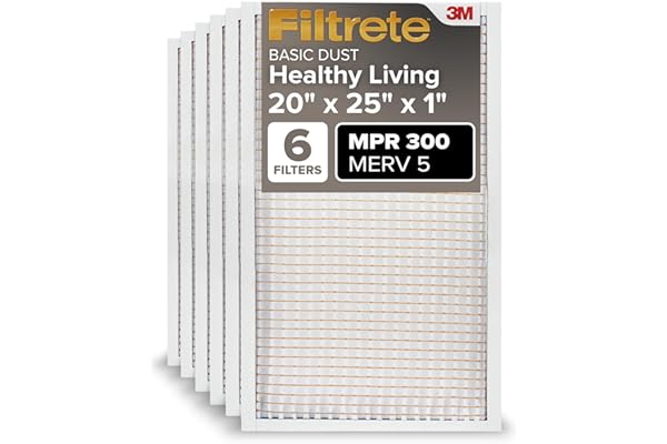 Filtrete 20x25x1 AC Furnace Air Filter, MERV 5, MPR 300, Capture Unwanted Particles, 3-Month Pleated 1-Inch Electrostatic Air Cleaning Filter, 6-Pack (Actual Size19.69x24.69x0.81 in)
