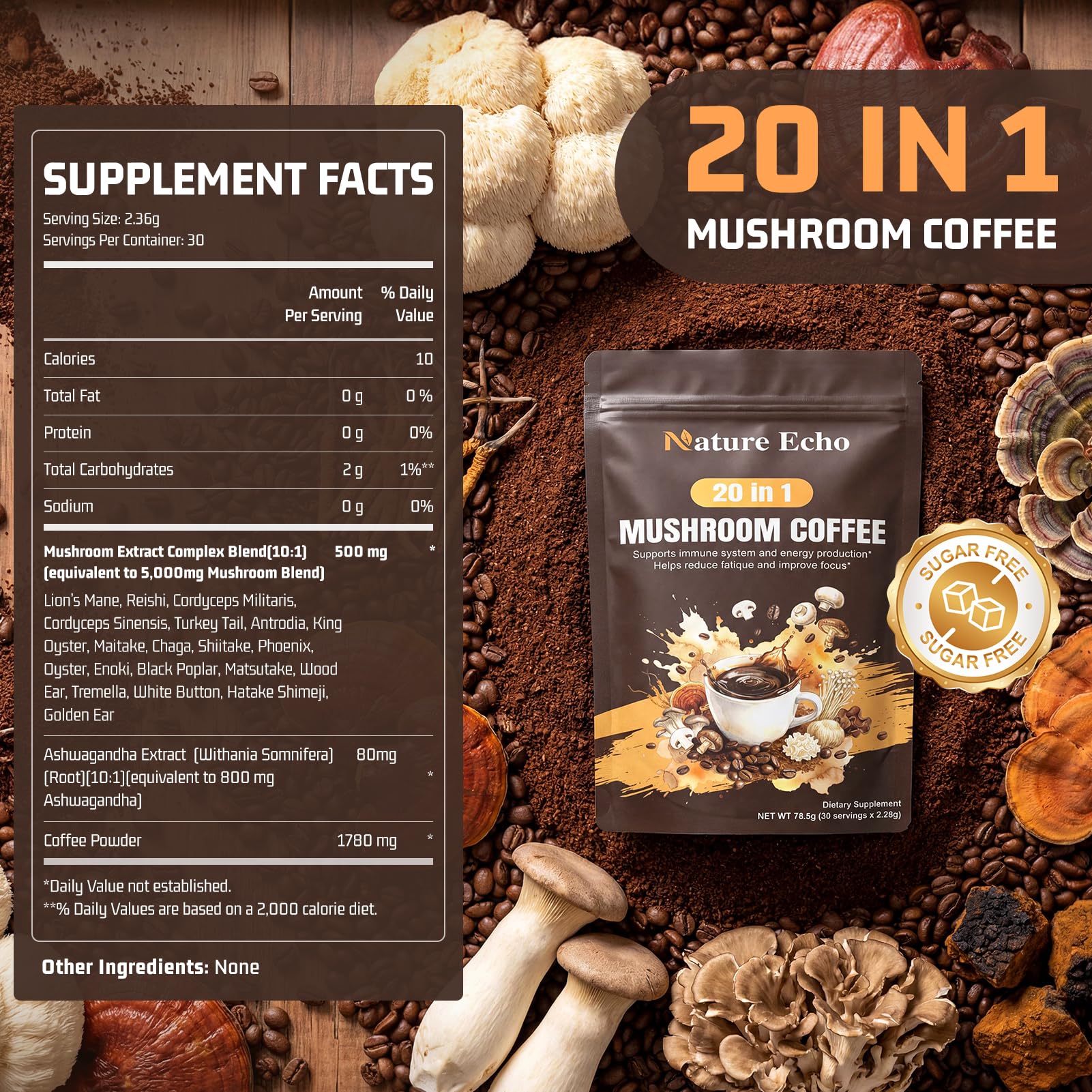 Nature Echo 20 in 1 Mushroom Coffee with Ashwagandha | Lion’s Mane, Reishi, Cordyceps & More - Instant Coffee Powder for Focus, Memory, Immune & Gut Support | 2.5 Ounce | Sugar Free