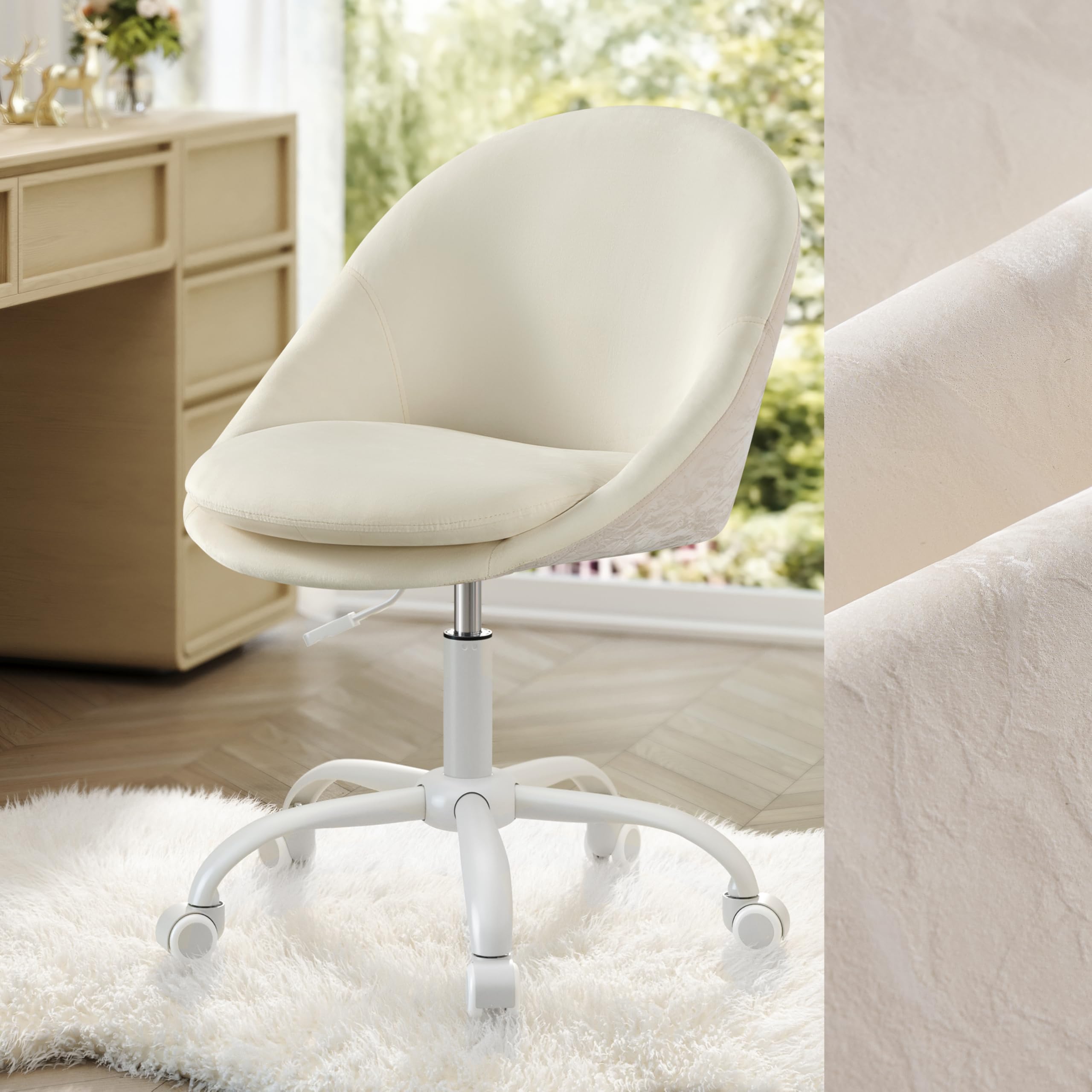 SONGMICS Homeoffice-Stuhl, Schminkstuhl mit Samt-Vorderseite, Schreibtischstuhl, Schaumstoffpolsterung, höhenverstellbar, für Arbeitszimmer, Schlafzimmer, cremeweiß OBG020WD01