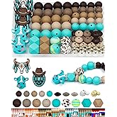 112PCS FIVEIZERO 12mm 15mm Cow Focal Silicone Beads for Keychain Making, Round, Lentil, Hexagonal, Print, 10mm Rhinestone Rondelle Spacers Beads for Bracelet, Pens, Necklace Crafts(Brown Green)