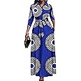 Runwind Women Church Maxi Dresses 3/4 Sleeve Button Down Print Casual Office Dress African
