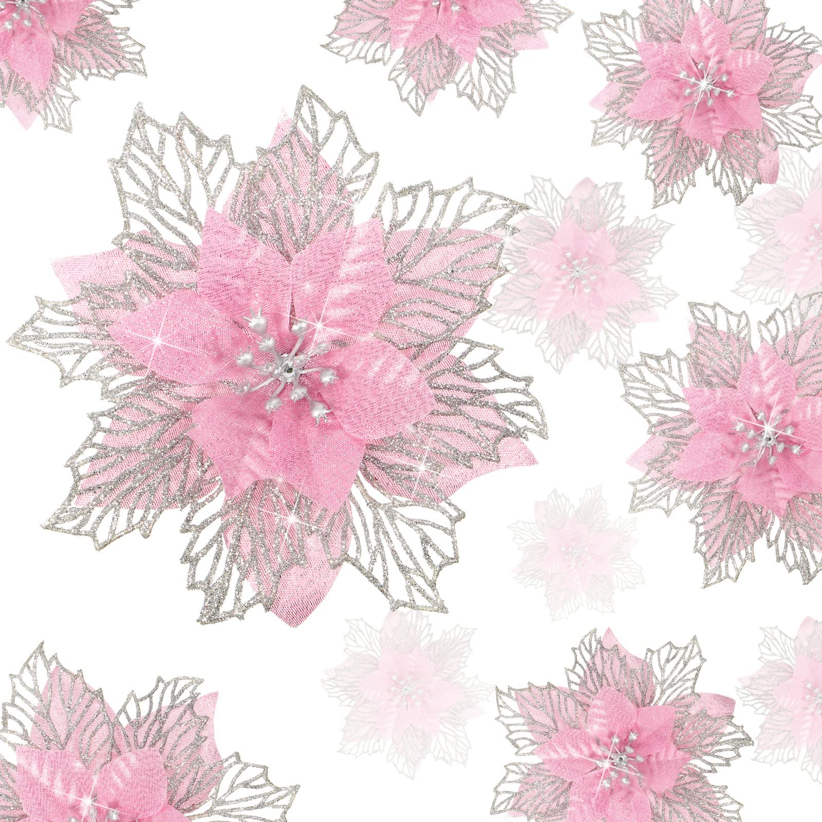 Geosar 24 Pieces Happy New Year Glitter Poinsettia Flowers Layered Artificial Flowers Wedding New Year Tree Ornaments 3/4/6 Inch(Pink)