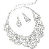 Topwholesalejewel Silver Crystal Rhinestone Bridal Wedding Party Teardrop Dangle Earrings Silver Crystal Dazzled Chandelier Necklace Jewelry Set
