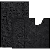 BYSURE Black Bathroom Rugs Sets 3 Piece Non Slip Extra Absorbent Plush Chenille Soft Washable Bath Mats