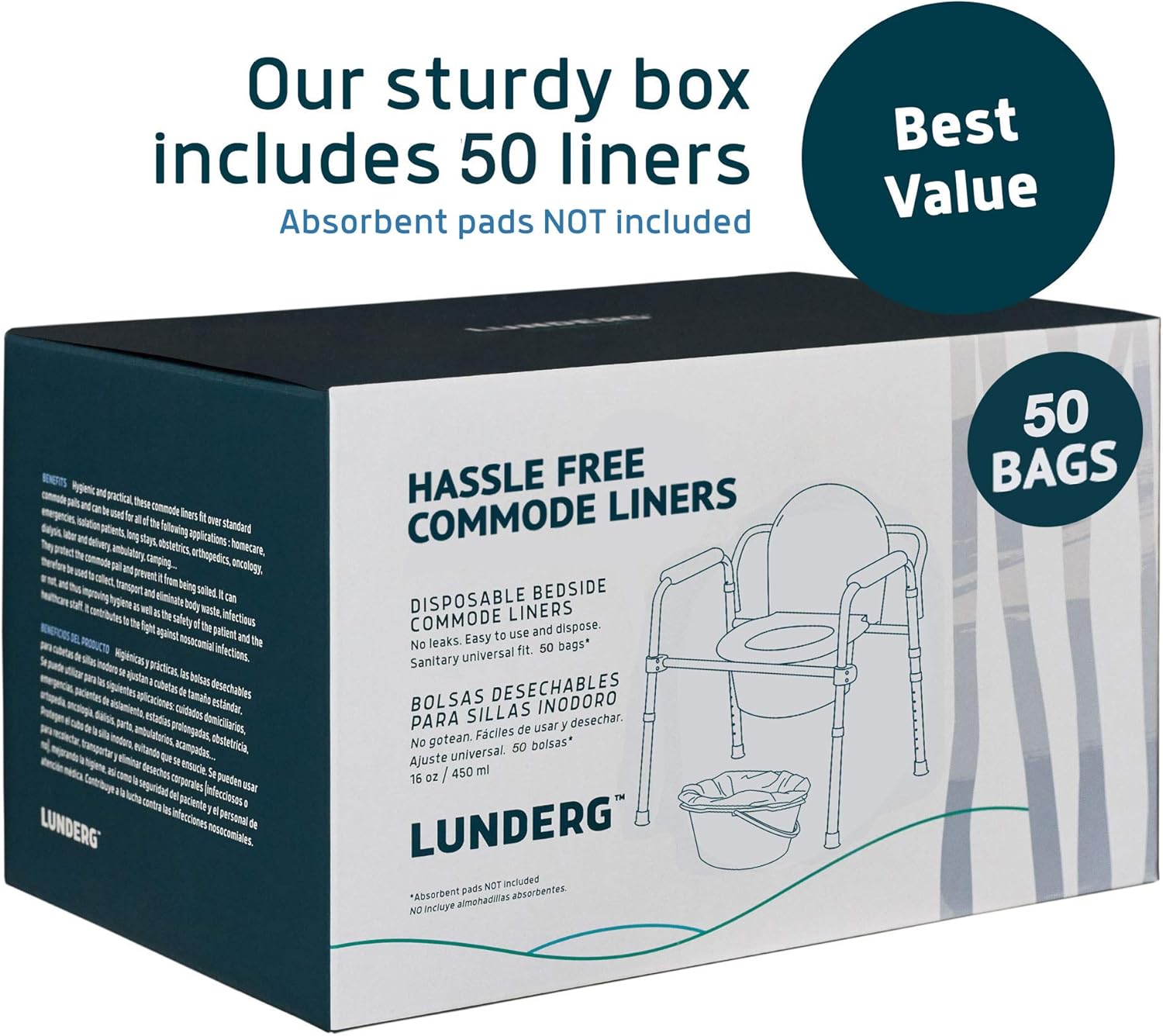 Lunderg Commode Liners - Value Pack 50 Count Universal Fit - Medical Grade Bedside Commode Liners Disposable for Adult Commode Chair, Portable Toilet Bags or Camping Toilet Bags: Health & Personal Care