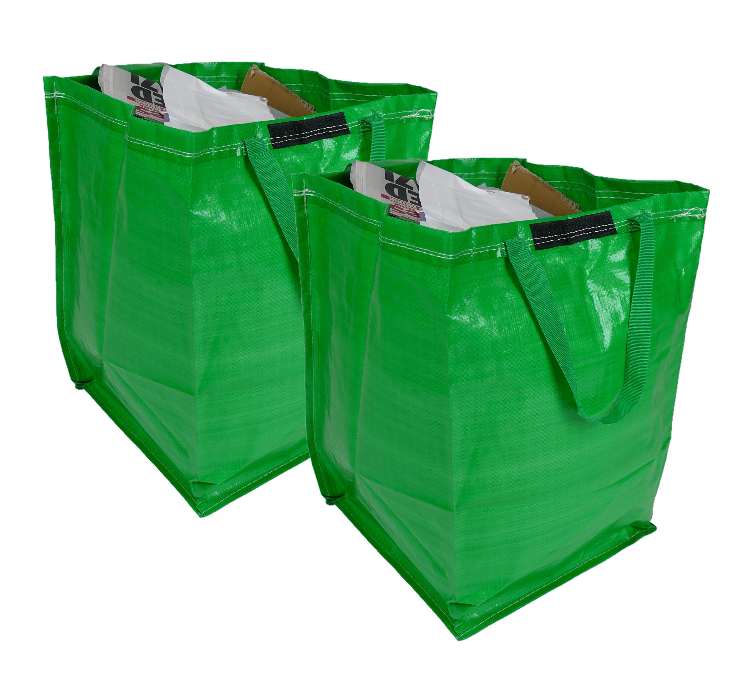 47 Litre Recycling Bag with Top Flap and Handles - Tip Strap - Laminated Wipe Clean Fabric - PREMIUM GRADE - Heavy Duty Woven PP Fabric (2 Bags, Green)