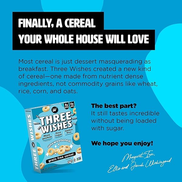 PLANT-BASED AND VEGAN BREAKFAST CEREAL BY THREE WISHES – UNSWEETENED, 1 PACK – MORE PROTEIN AND LESS SUGAR SNACK – GLUTEN-FREE, GRAIN-FREE – NON-GMO