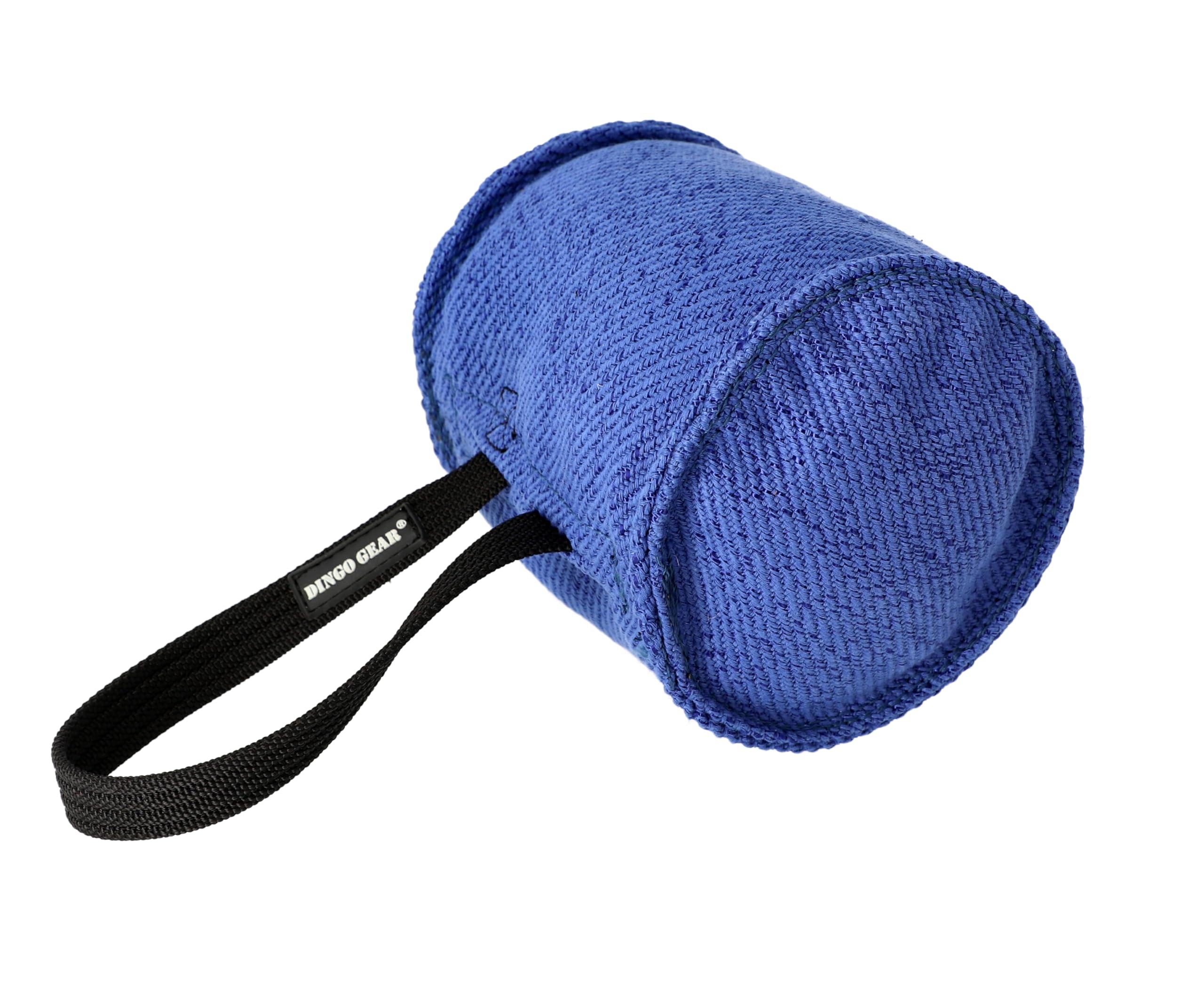 DINGO GEAR Berta Tug Toy for Bite Training, IGP, Fetch, Obedience, Dog Sports, Hand Sewn Strong Stitching French Material Bite Tug 1 Handle, Barrel Shape - Blue S00095