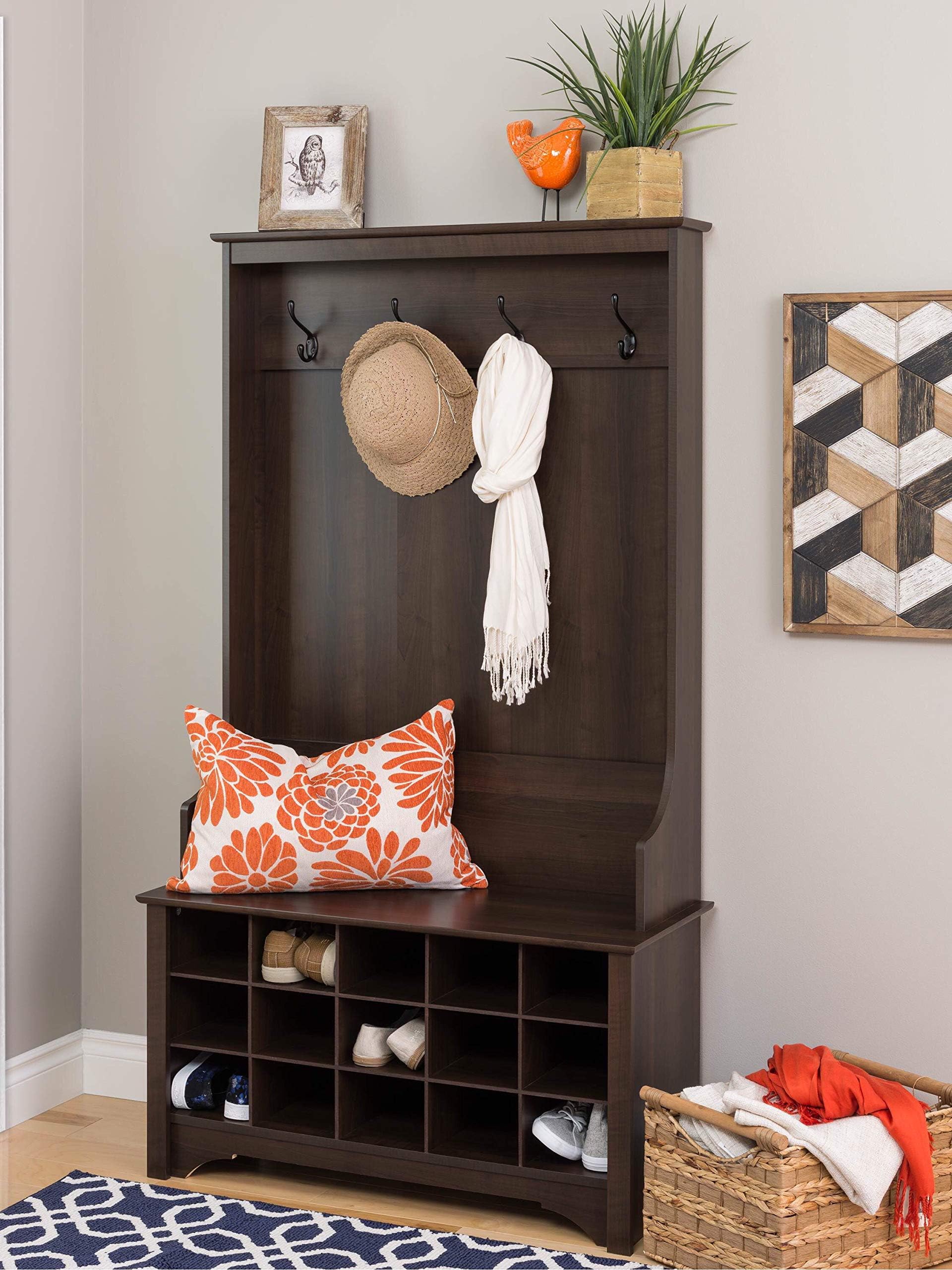 HALL TREES WITH BENCH AND COAT RACKS HALL TREE WITH SHOE STORAGE IN ESPRESSO ENTRYWAY STORAGE ORGANIZER 38L X 15.5W X 68H INCH EASY ASSEMBLY (Espresso)