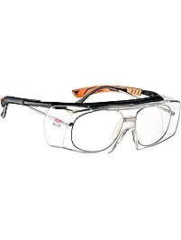 NoCry Over-Spec Safety Glasses with Anti Scratch Wrap-Around Lenses, ANSI Z87 and OSHA certification, Adjustable Arms and UV 400 protection, Black and Orange Frames