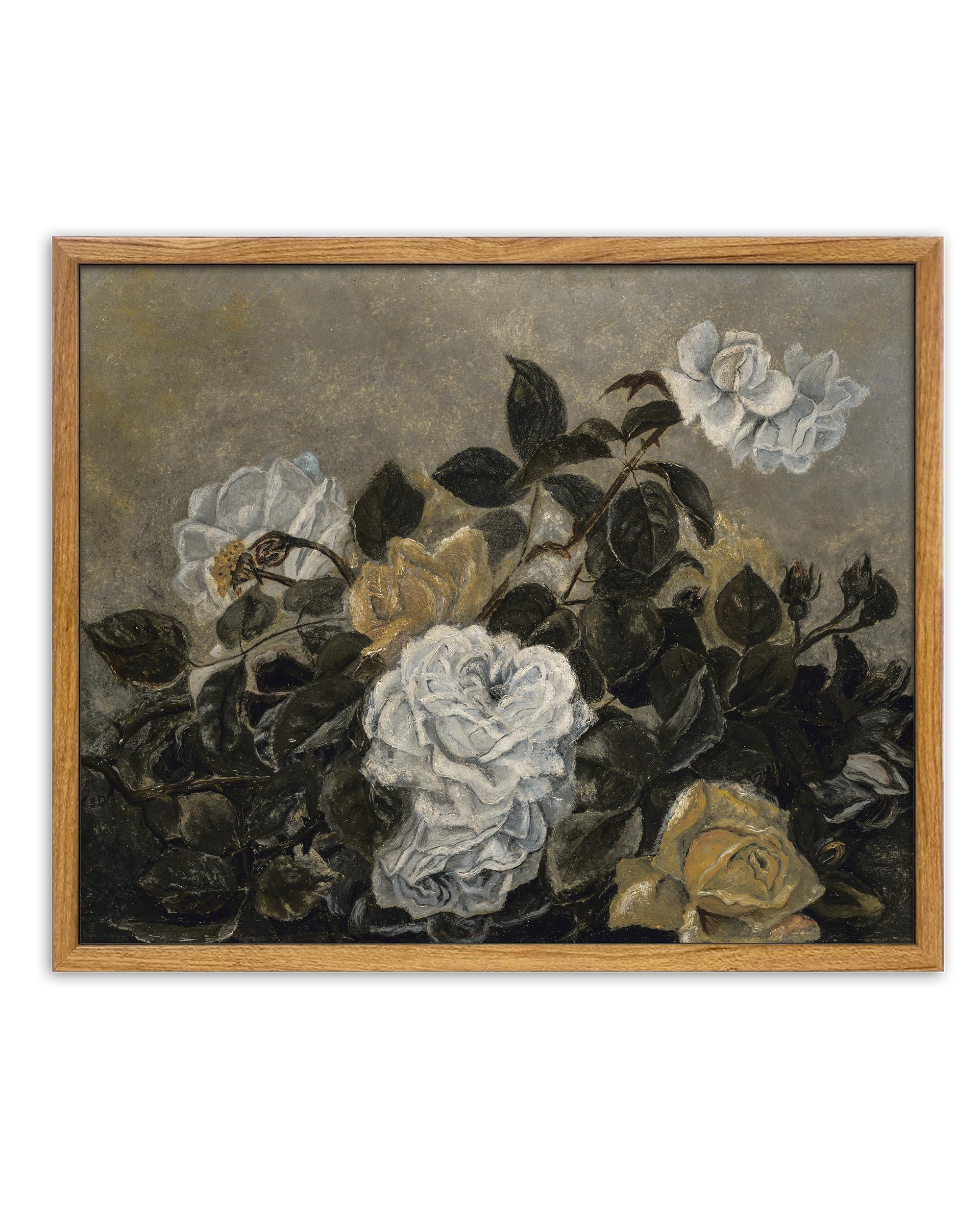 UPWOIGH Vintage Framed Wall Art,12x16in Flowers Painting,Antique Floral Botanical Oil Painting Prints,White Roses Canvas Wall Art for Living Room Bedroom,Home Office Desk Décor,1Pack Gift