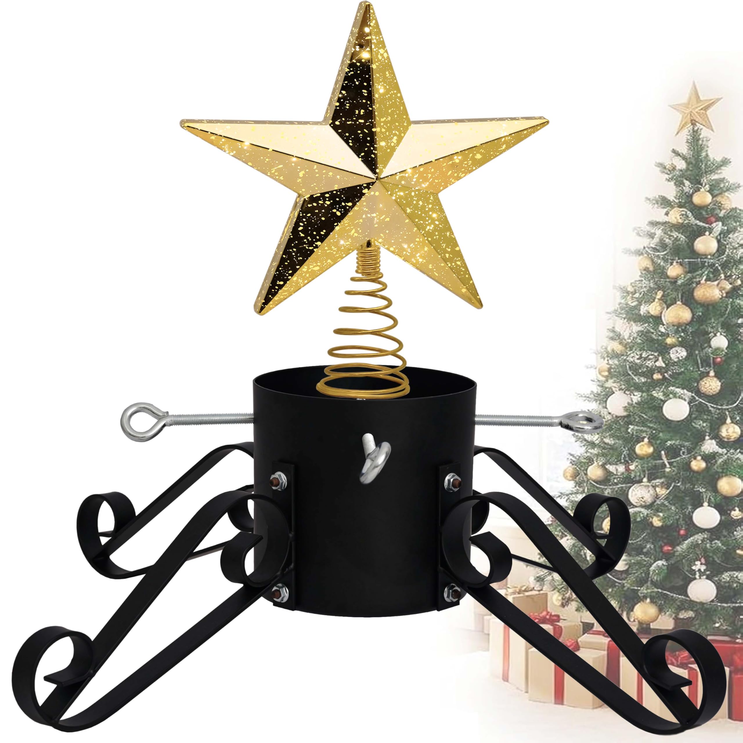 Photo 1 of 10FT Christmas Tree Stand for Real Trees, 24" Base Holds up to 10 ft Live Trees & 3D Tree Topper with Timer, 20 Clear Lights & 8 Light Modes (Black)