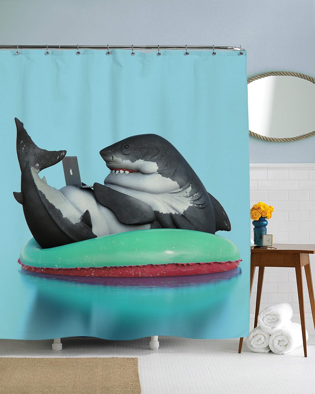 Sharp Shirter Funny Shark Shower Curtain Set Video Game Bathroom Decor Geeky Gift 71x74 Blue Fabric Hooks Included Amazon In Home Kitchen