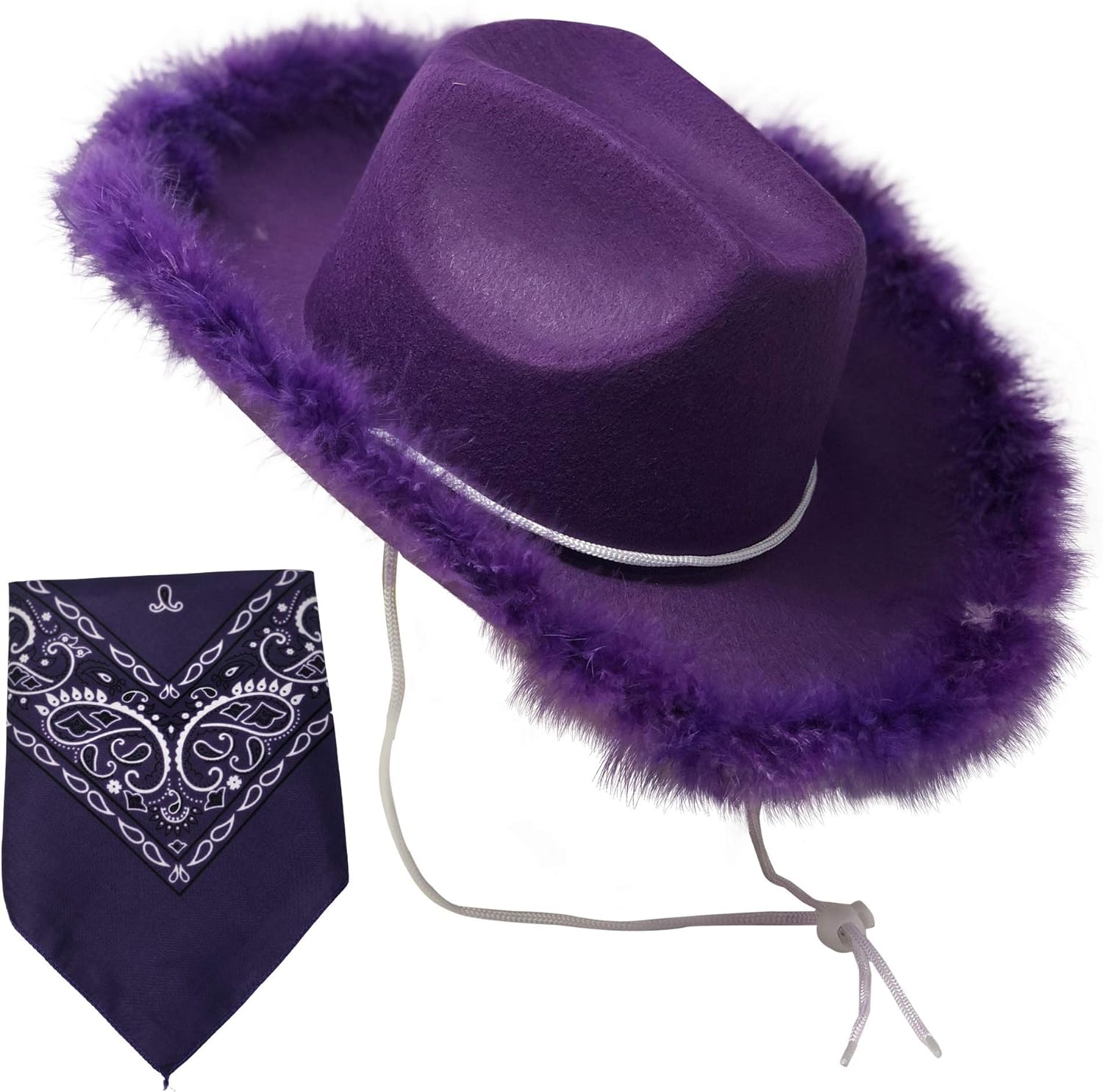 Purple Cowboy Hat Feather Boa Cowgirl Hat with Purple Paisley Bandana Clothing