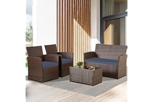 FHFO 4 Piece Outdoor Patio Furniture Sets, Patio Sectional Furniture Conversation Sofa Set, Rattan Table and Chairs and Loveseat with Cushions for Outside Balcony Porch Backyard (Brown-Blue)
