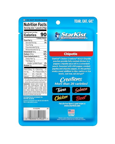 STARKIST CHICKEN CREATIONS BOLD CHIPOTLE POUCH (2.6 OZ – 1 PACK) FULLY COOKED HIGH PROTEIN WHITE MEAT, NO DRAINING, READY TO EAT FOR SALAD AND SANDWICHES