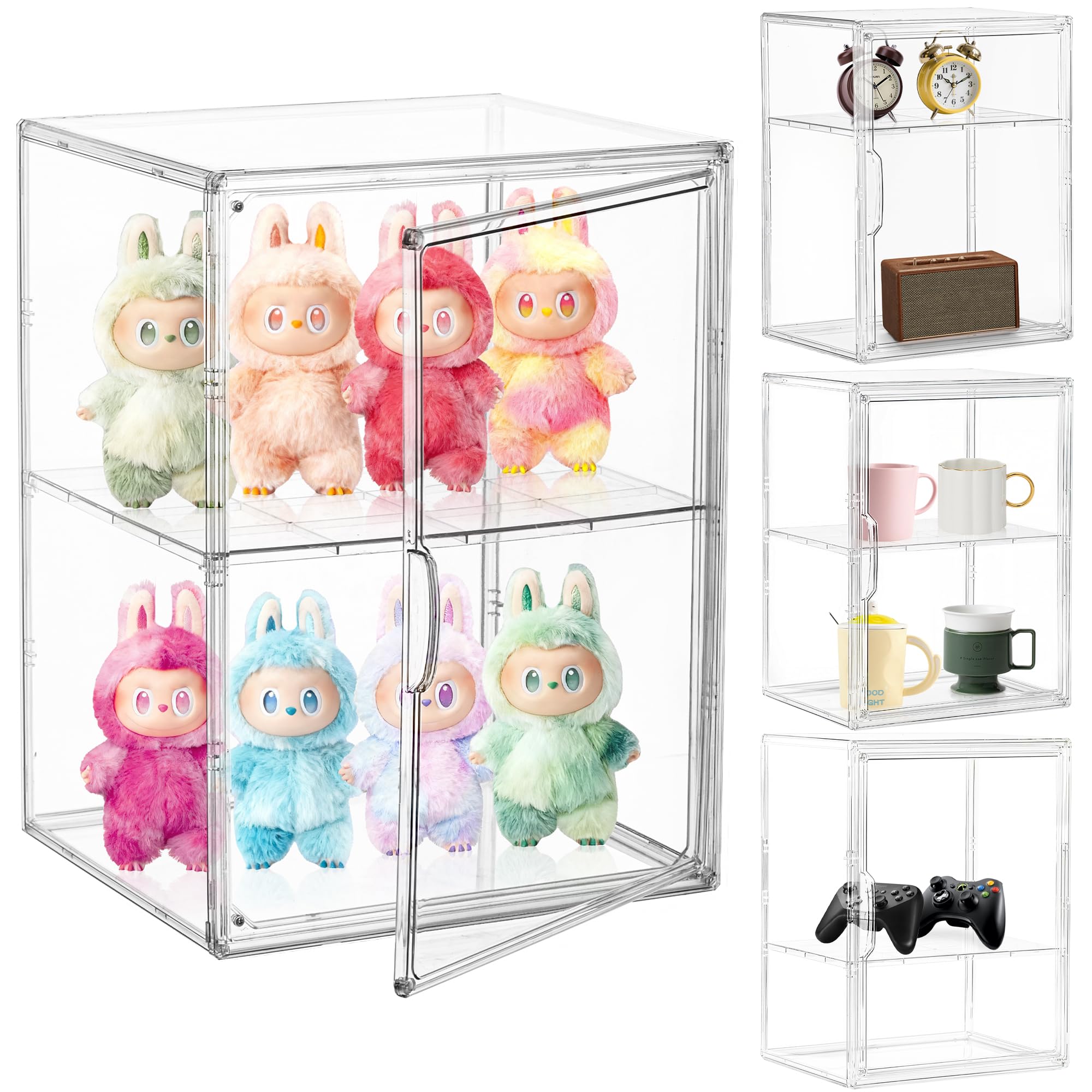 Photo 1 of Attelite Acrylic Display Case Compatible with POP MART Labubu Display Case 4 Pack Clear Display Box with Magnetic Door for Figures Collectibles, 3 Adjustable Layers with a Removable Divider,X Large
