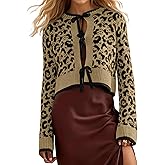 Ythomm Women Leopard Print Bow Tie Cardigan Sweaters Long Sleeve Crewneck Open Front Knit Cardigan Coats Casual Loose Outwear