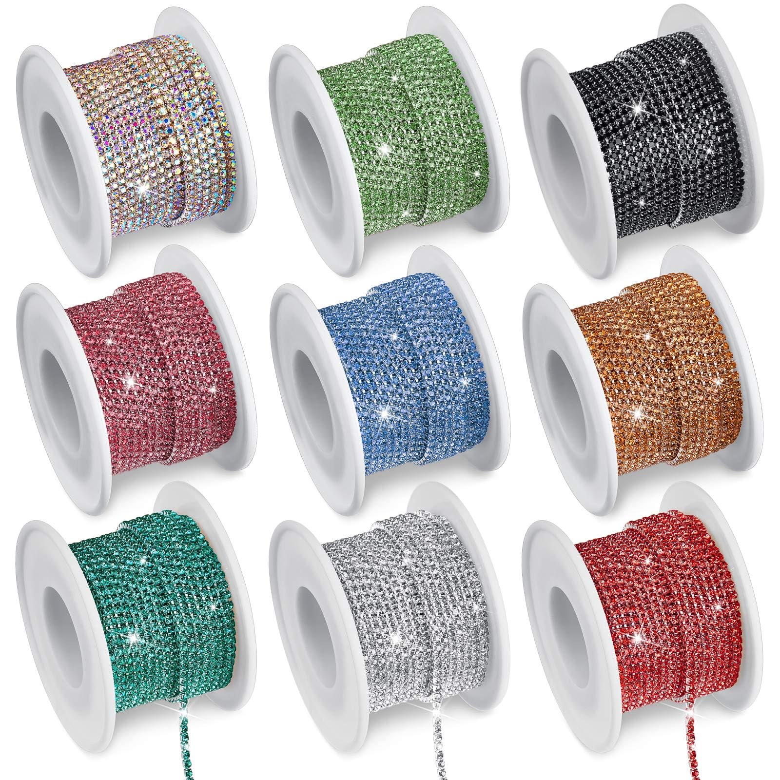 Photo 1 of 9 Rolls Total 2 mm 90 Yards Crystal Rhinestone Close Chain Trimming Claw Chain Jewelry Crafts DIY Crystal Claw Cup Rhinestone Trim Roll for Jewelry Making Crafts(Assorted Colors)