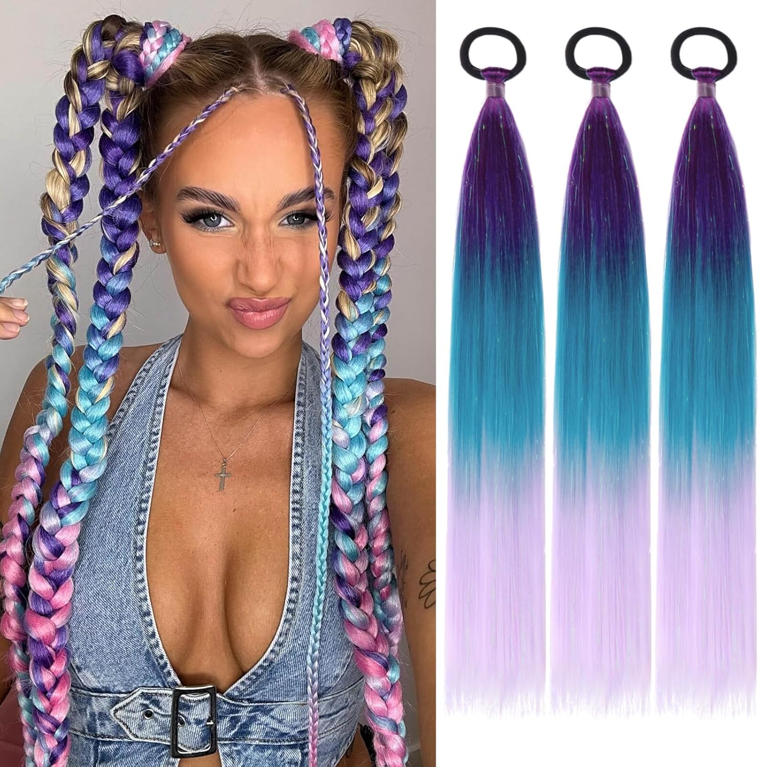 PORSMEER 3 Pcs Rainbow Hair Extensions With Elastic Tie,Mermaid Hair for Braiding Crochet,Synthetic Braided Ponytail Extension for Women,Glitter Hair for Festival/Party(Dark purple/Blue/Light purple) — image 1