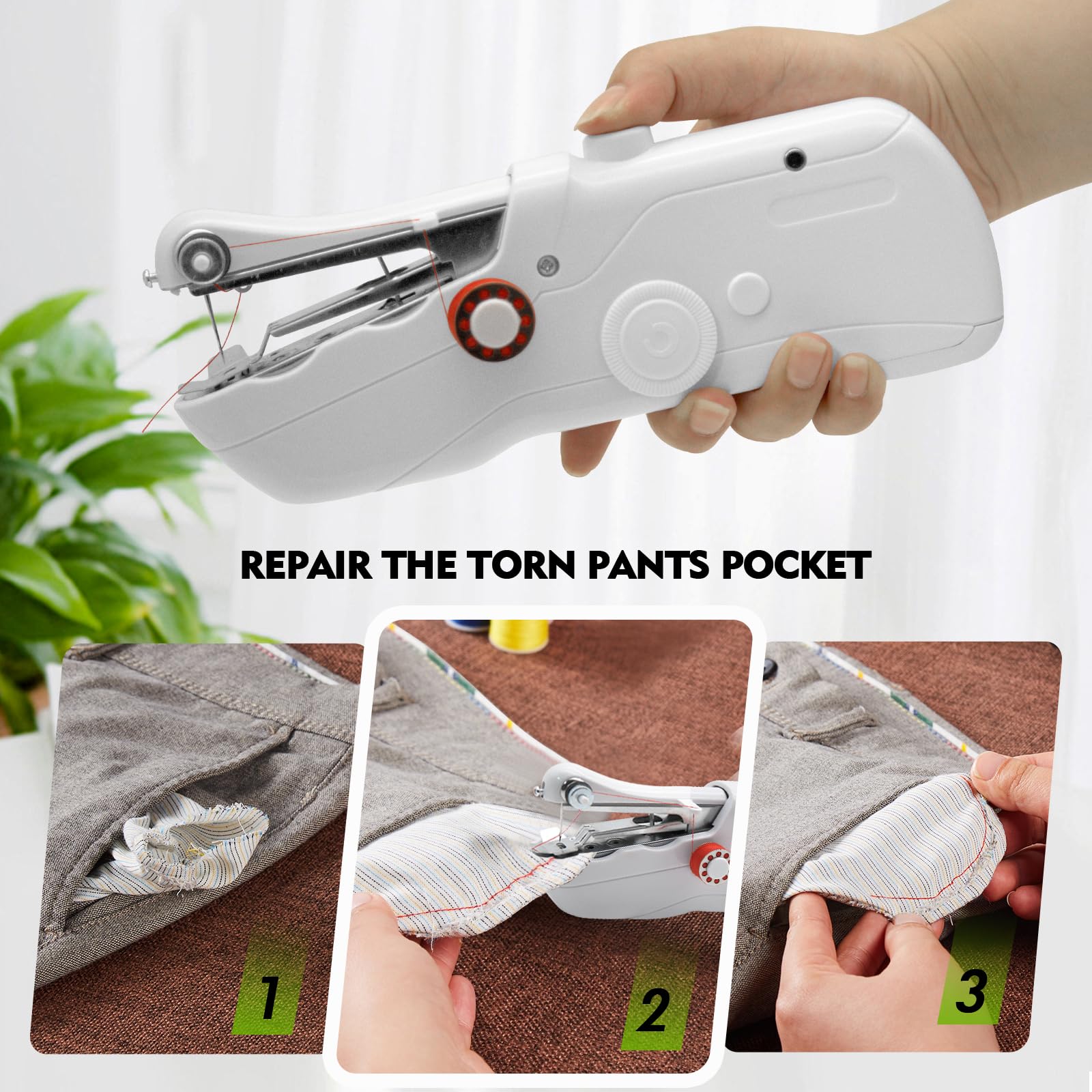 Handheld Sewing Machine with Exquisite Wooden Storage Box & 142-Piece Sewing Kit - Electric Switch, Dual Power Supply, Assorted Needles, Threads, Heavy Duty Scissors - Meets All Household Sewing Needs