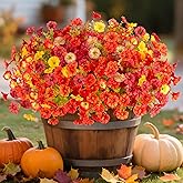 Hrobek Fall Artificial Flowers for Decoration, 12 Bundles Fake Autumn Flower Plants Petunias, Faux Silk Morning Glory Eucalyptus for Planter Garden Porch Front Door Window Box, Orange Red Yellow